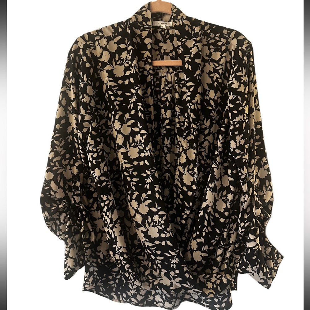 Pleione Black and Cream Floral Wrap Blouse